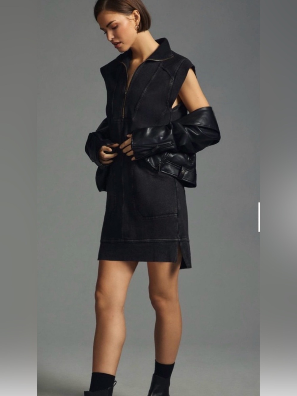Anthropologie Daily Practice Distressed Black Meru Zip-Front Mini Dress Size M